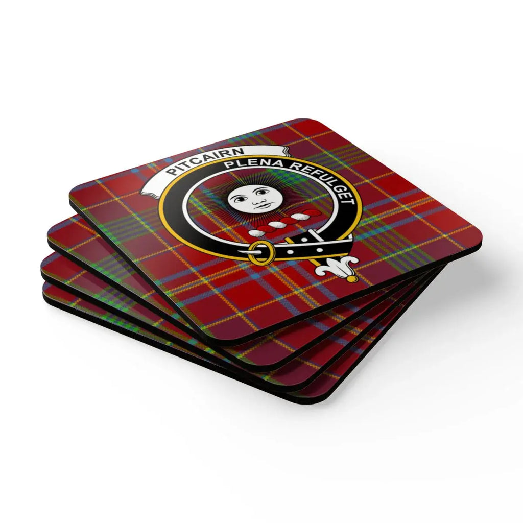 Clan Pitcairn coat of arms tartan coasters on table — Scottish set of four