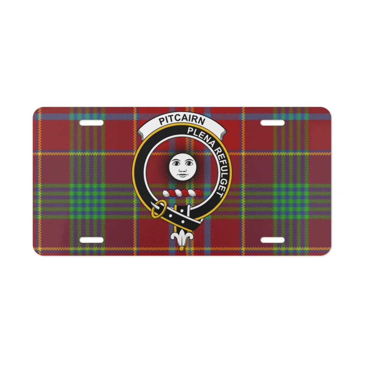 Clan Pitcairn Plena Refulget tartan license plate — full-colour crest print, Scottish heritage design
