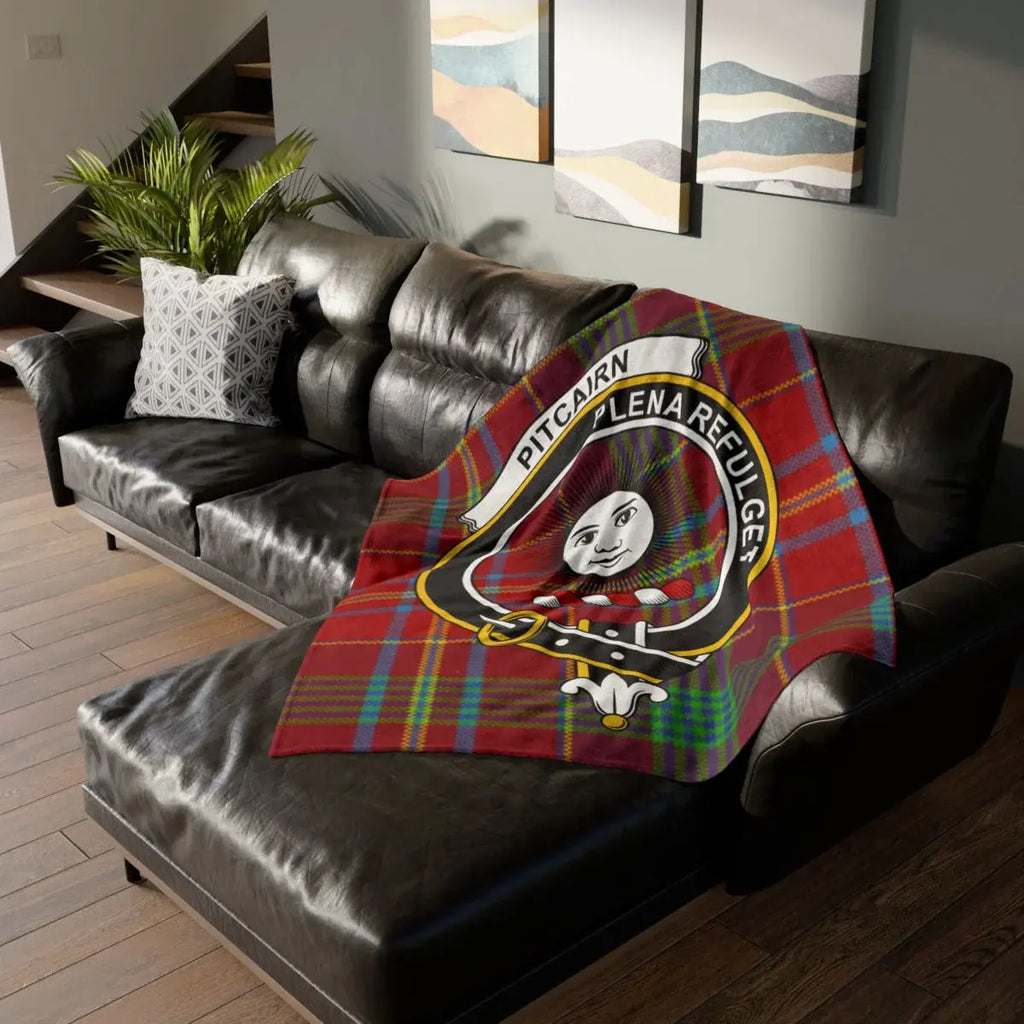 Clan Pitcairn tartan throw blanket — Plena Refulget crest on lightweight polyester, 50" x 60"