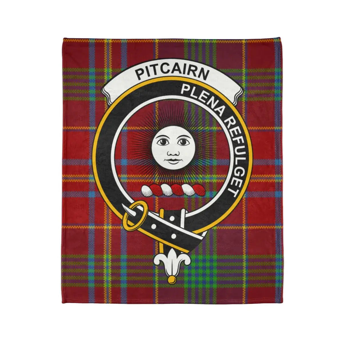 Pitcairn Plena Refulget tartan crest throw blanket — full print detail, fade-resistant colour