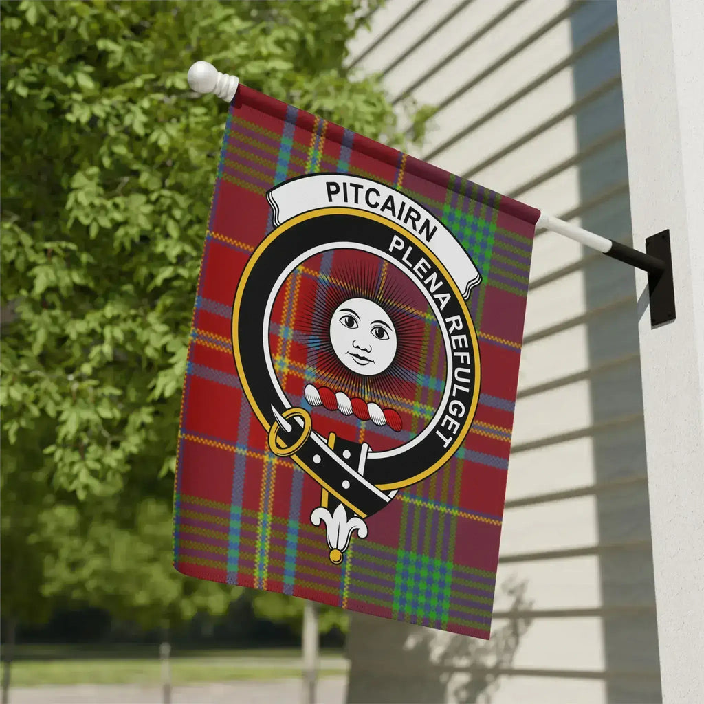 Clan Pitcairn tartan garden flag — 12" x 18" poly canvas with Plena Refulget crest