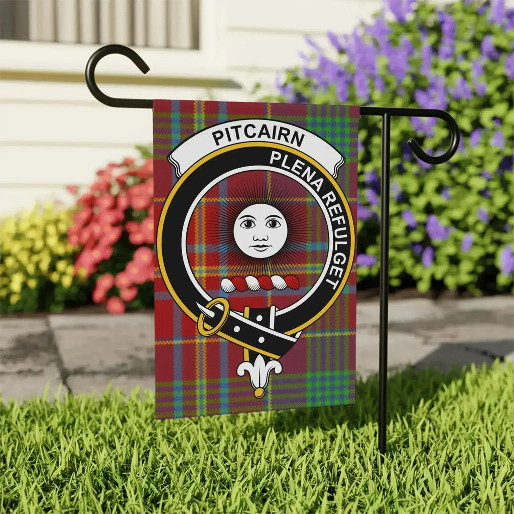 Pitcairn clan crest outdoor flag — 24.5" x 32" Scottish tartan garden flag on post