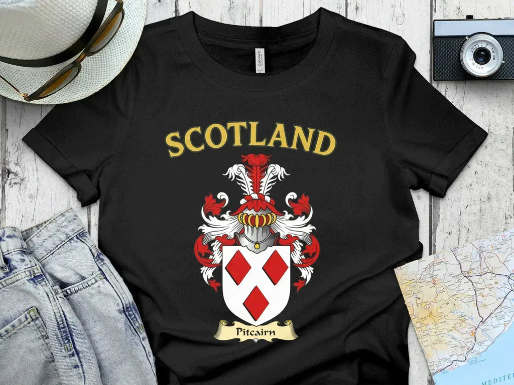Pitcairn Scotland heraldic crest T-shirt in navy — family name on Scotland coat of arms graphic