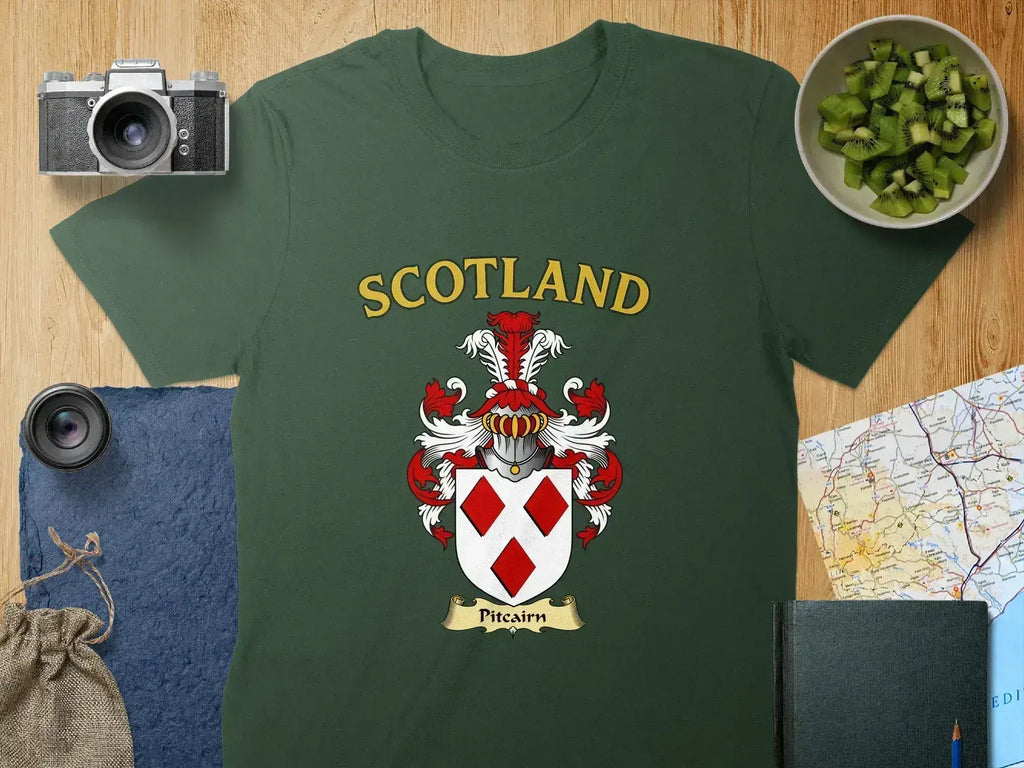 Scotland Pitcairn crest shield T-shirt in black — heraldic design, unisex fit S-3XL
