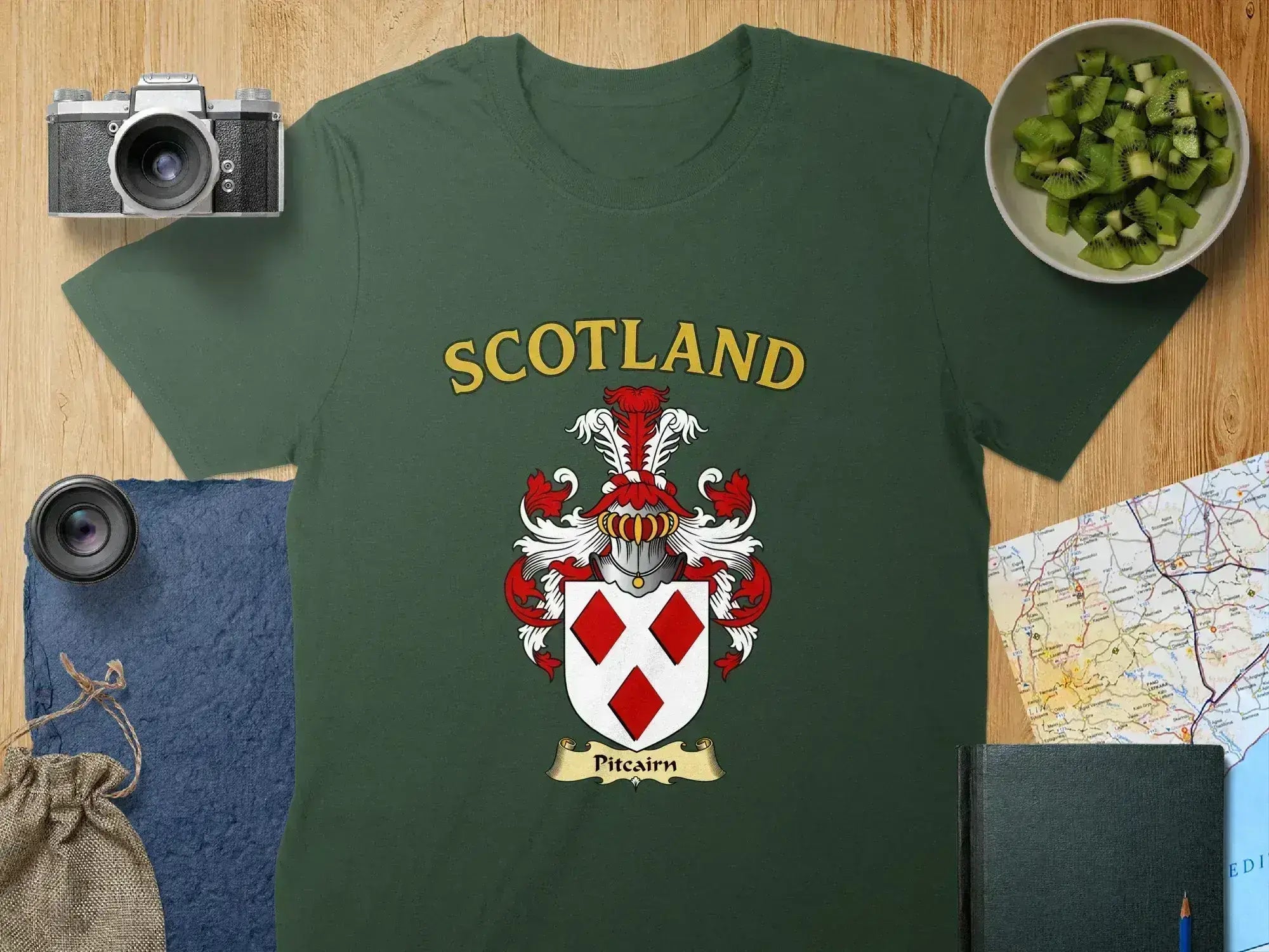 Scotland Pitcairn crest shield T-shirt in black — heraldic design, unisex fit S-3XL