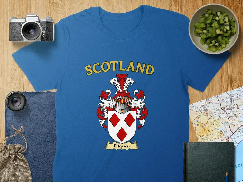 Pitcairn Scotland crest design tee in royal blue — coat of arms graphic on soft cotton
