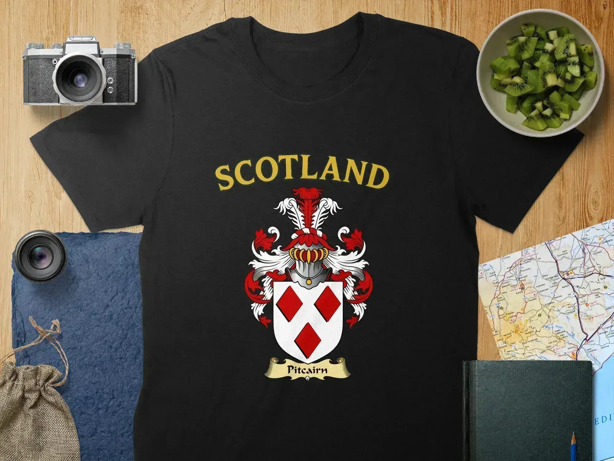 Scotland Pitcairn coat of arms graphic tee in navy — clan family name on national crest design