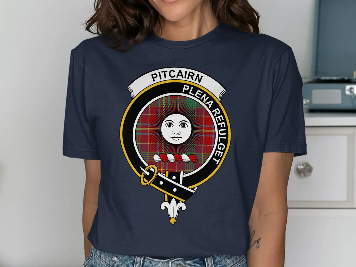 Pitcairn clan crest tee in black — Plena Refulget emblem, unisex fit, short sleeve