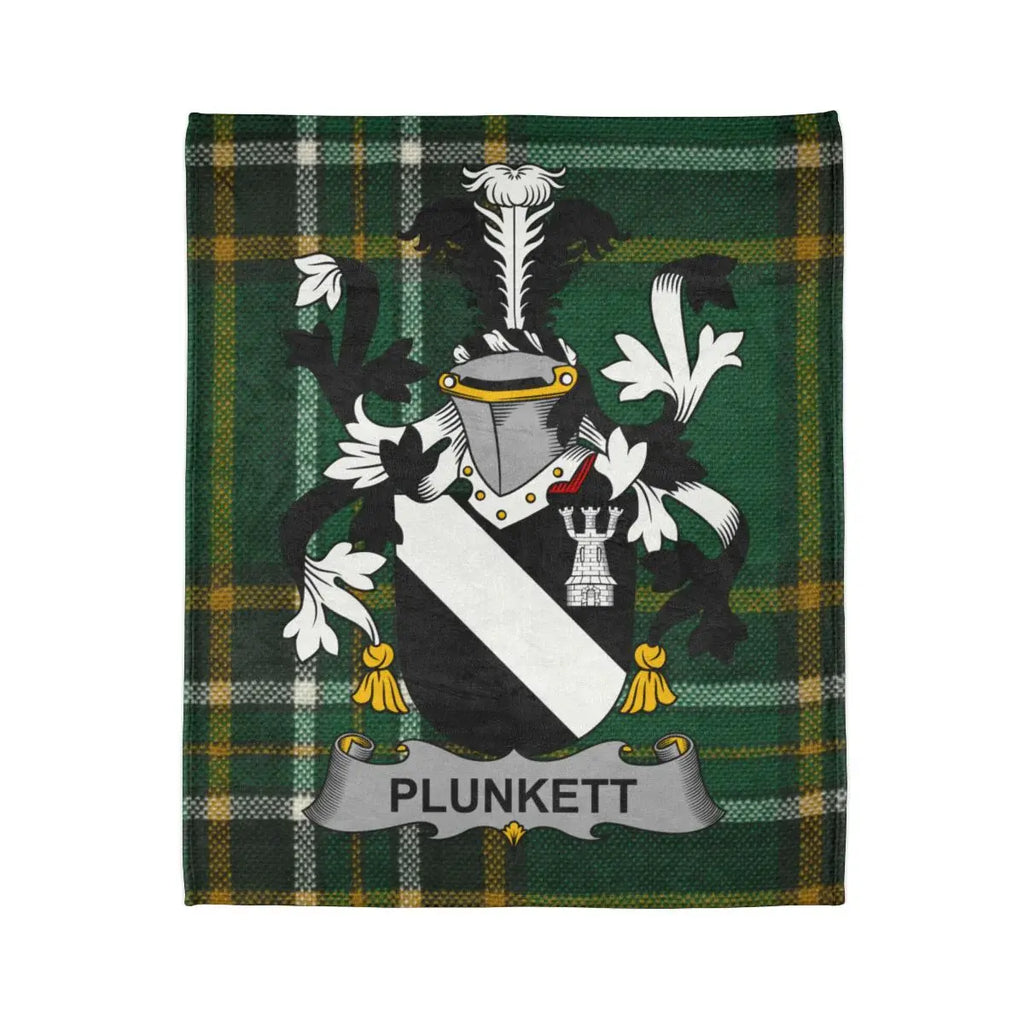 Plunkett Family Crest Green Tartan Blanket