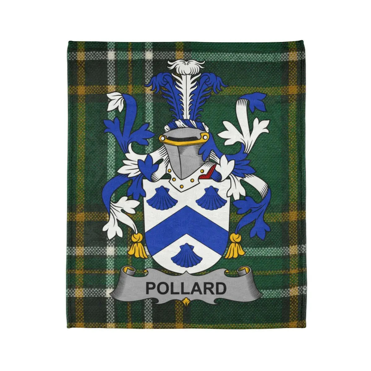 Pollard Family Crest on Green Tartan Blanket Design