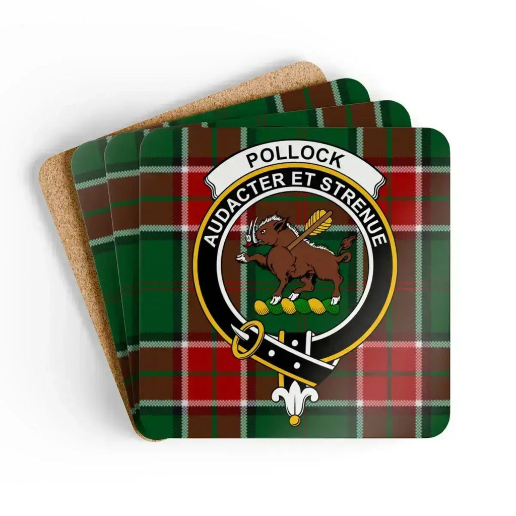 Clan Pollock crest tartan coaster — glossy printed square cork coaster, 3.75" x 3.75"