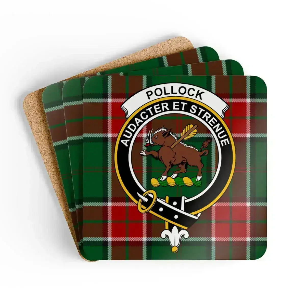 Clan Pollock crest tartan coaster — glossy printed square cork coaster, 3.75" x 3.75"