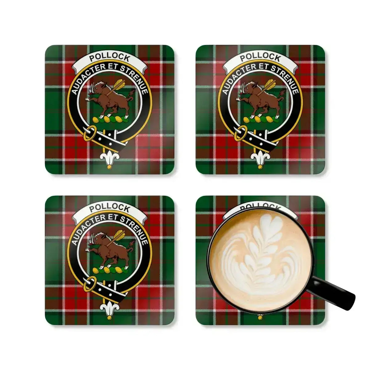 Pollock Audacter et Strenue clan crest coaster set — full-colour tartan print on cork base