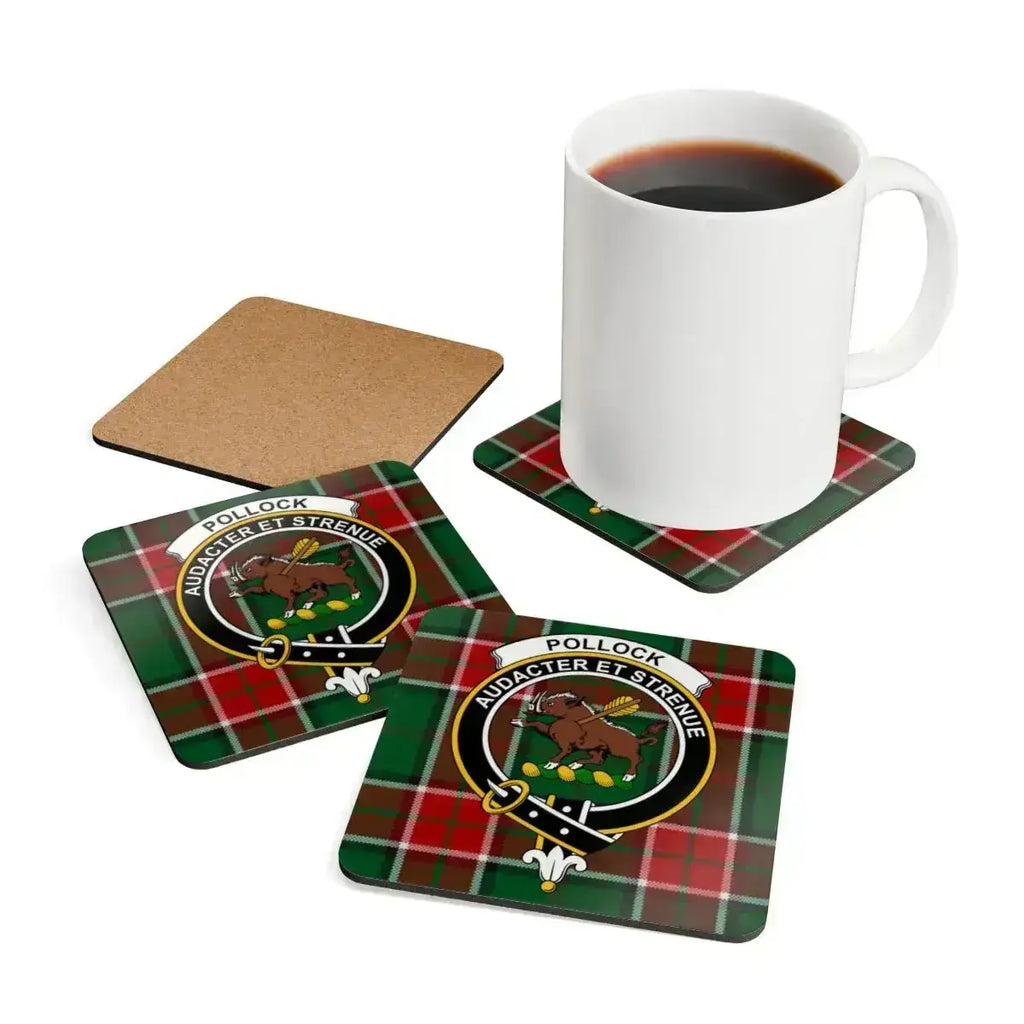 Clan Pollock tartan design drink coaster — set of 4, glossy print, natural cork