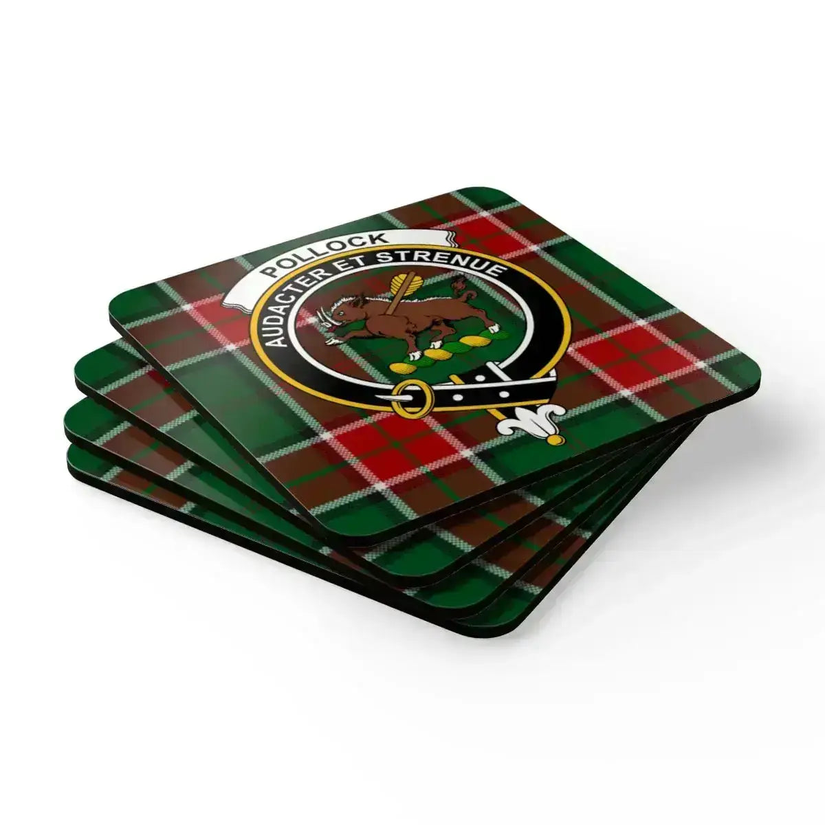 Pollock family crest coasters on table — Scottish tartan set of four, cork backed