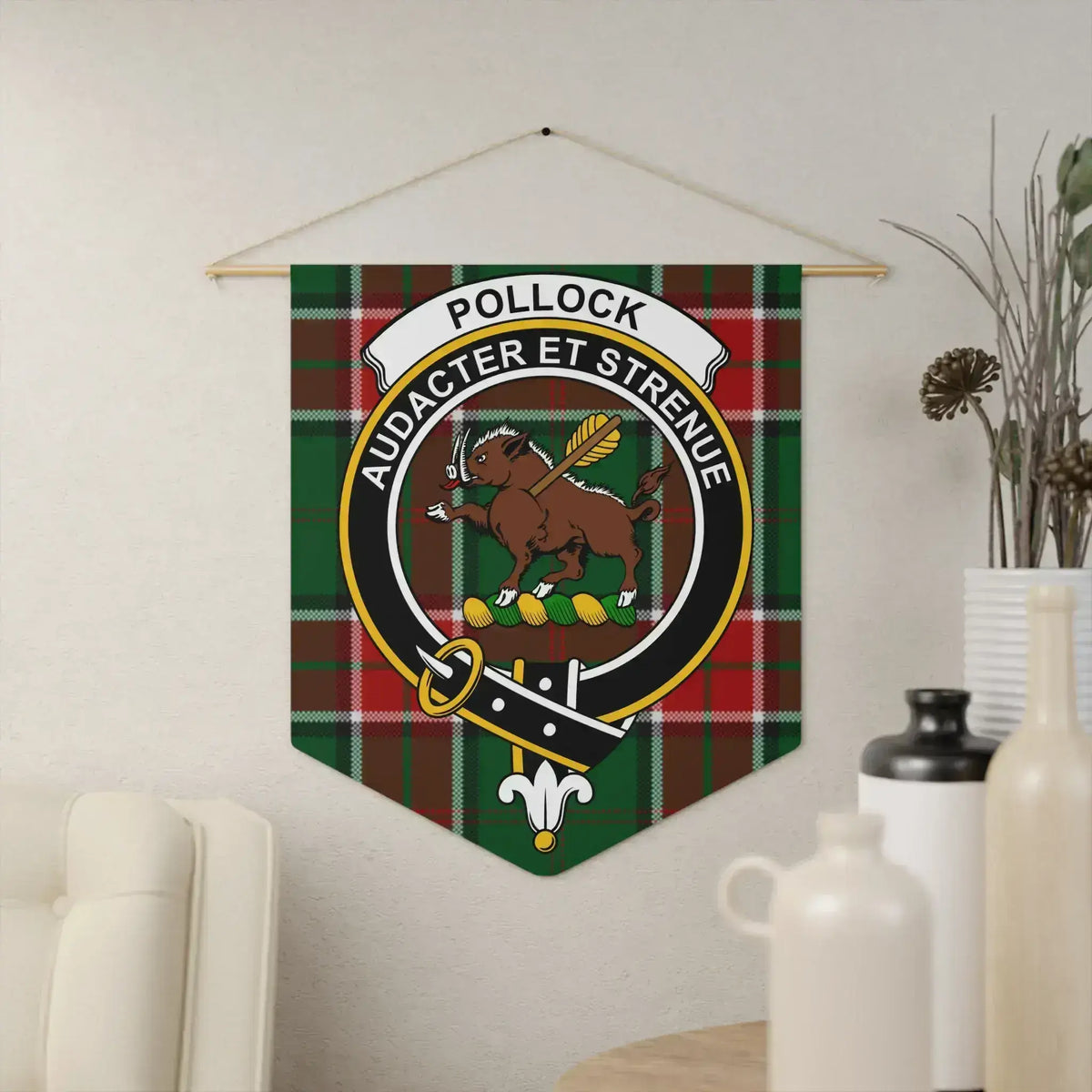 Clan Pollock tartan crest pennant — 18" x 21" polyester twill with Audacter et Strenue emblem, wooden dowel