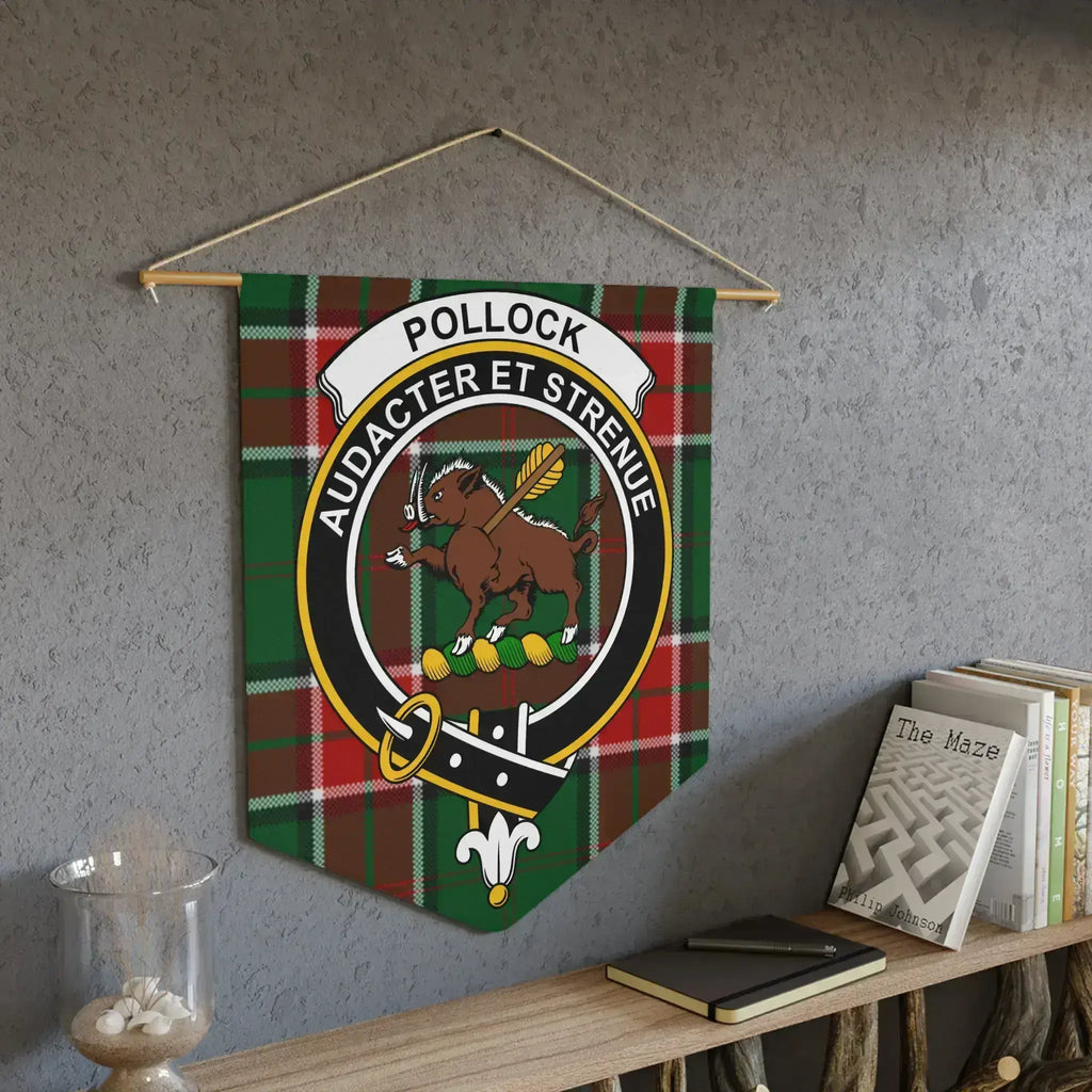 Pollock Audacter et Strenue clan crest plaid wall hanging — laser-cut edges, bold tartan colours