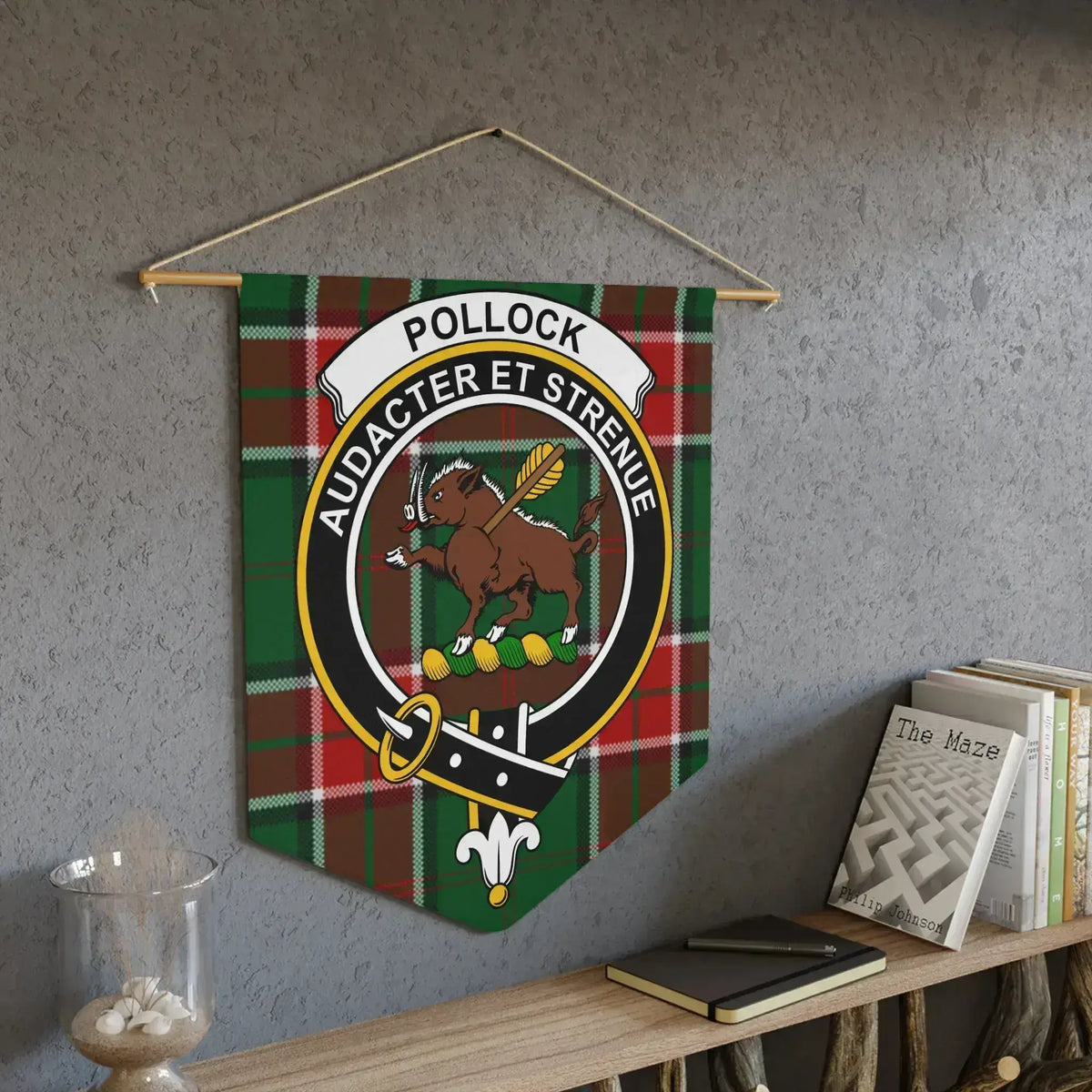 Pollock Audacter et Strenue clan crest plaid wall hanging — laser-cut edges, bold tartan colours