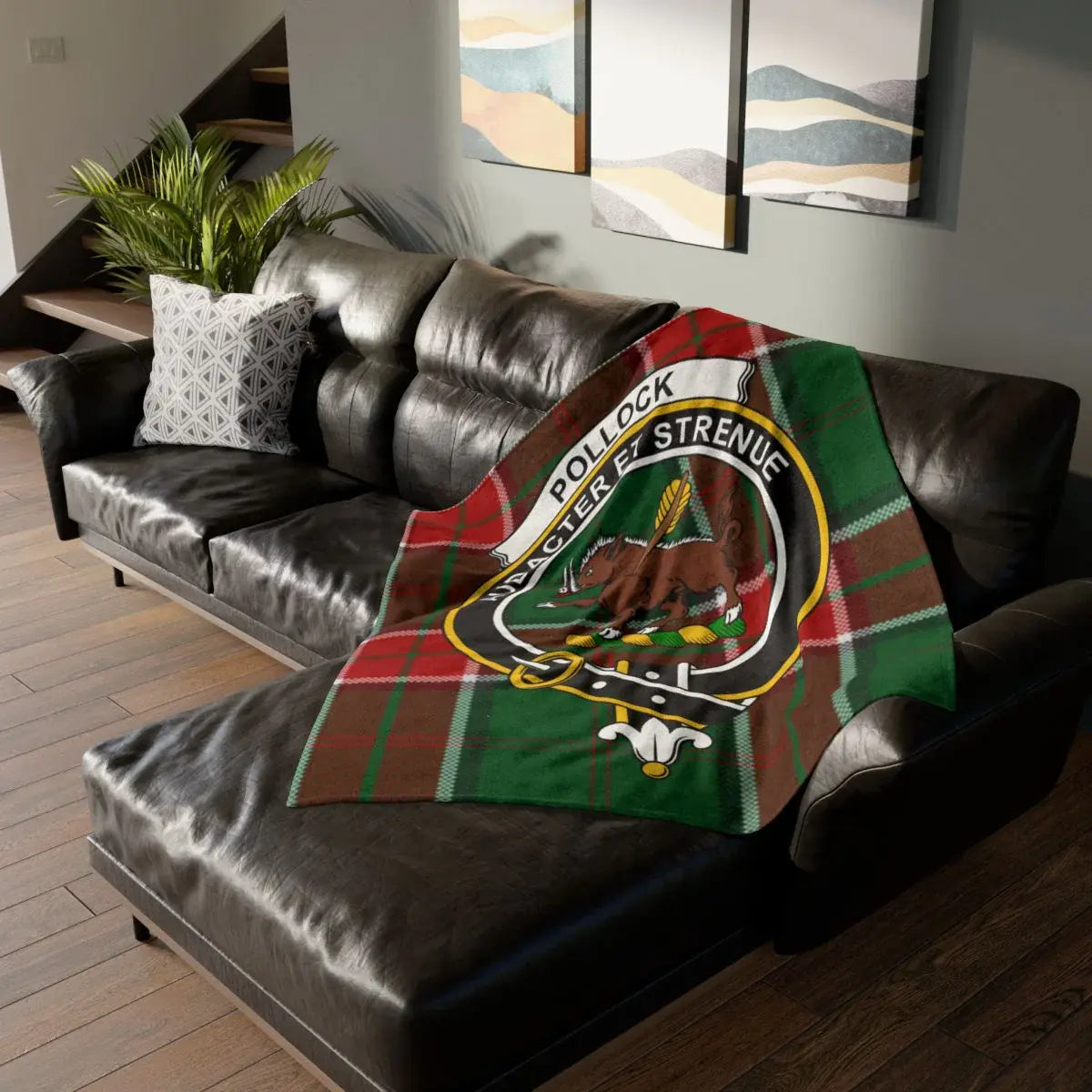 Clan Pollock tartan throw blanket — Audacter et Strenue crest on lightweight polyester, 50" x 60"