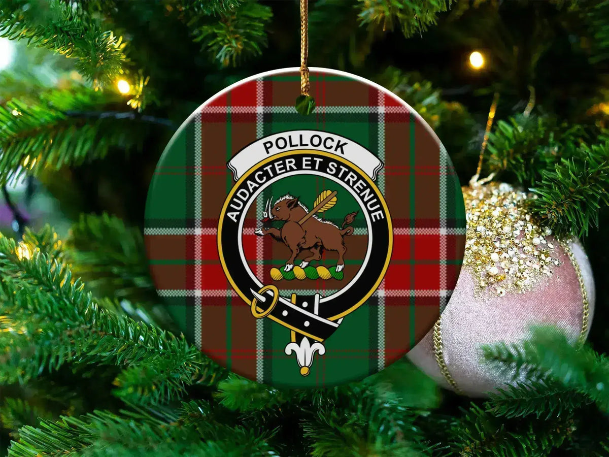 Clan Pollock tartan ceramic ornament — 3" round disc with Audacter et Strenue crest and gold string