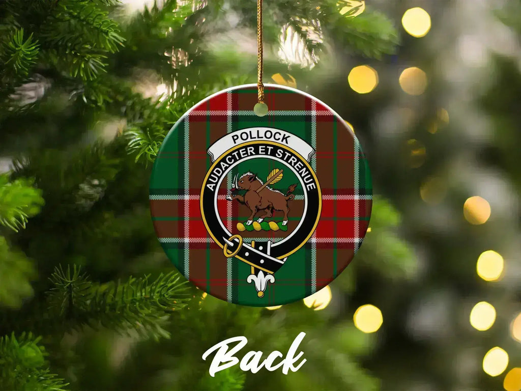 Clan Pollock tartan crest Christmas tree ornament — 3" ceramic disc, pre-drilled hole