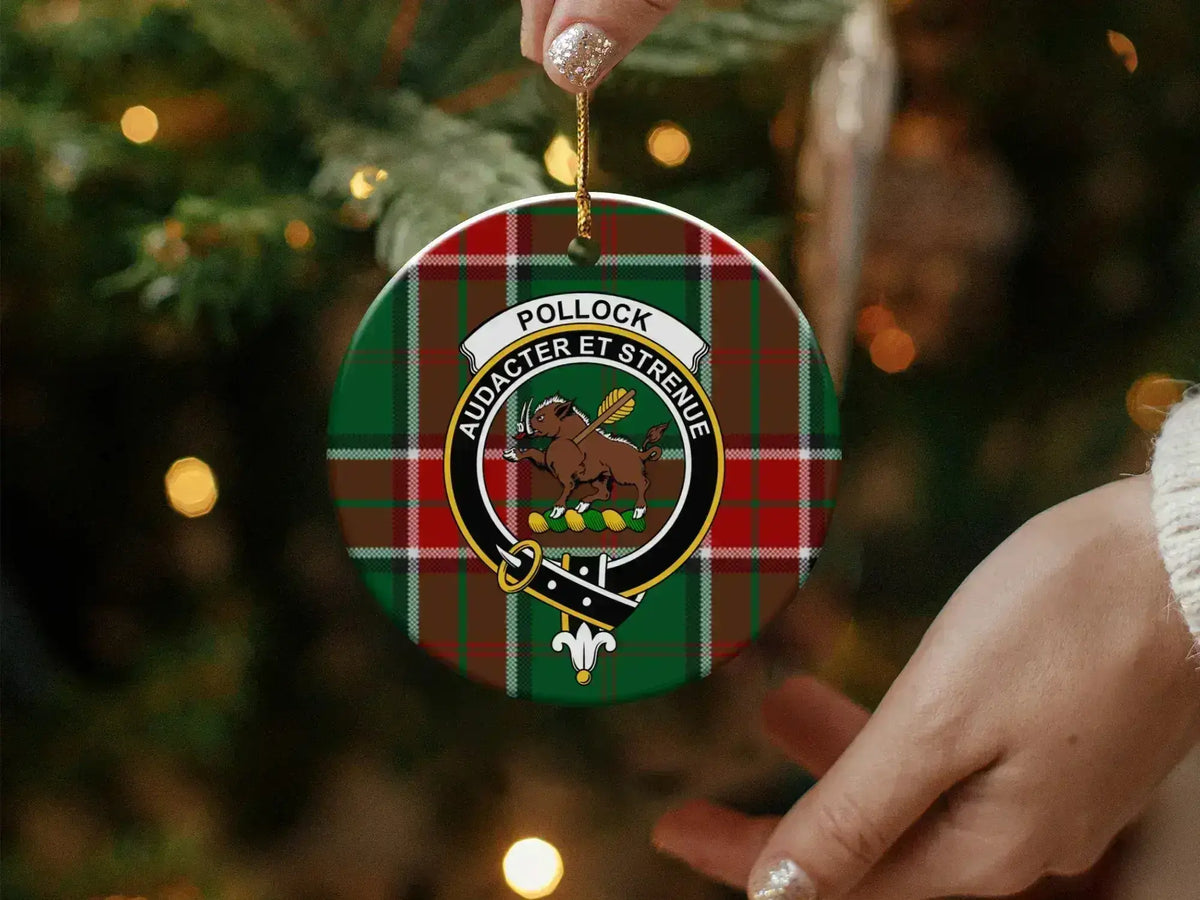 Pollock Audacter et Strenue plaid ornament — glossy UV print on ceramic disc, gold hanging string