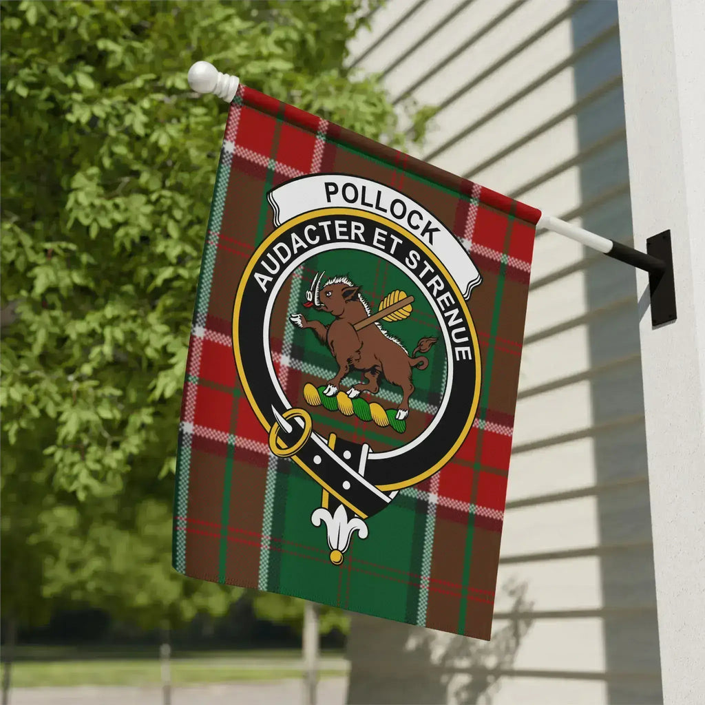 Clan Pollock tartan garden flag — 12" x 18" poly canvas with Audacter et Strenue crest