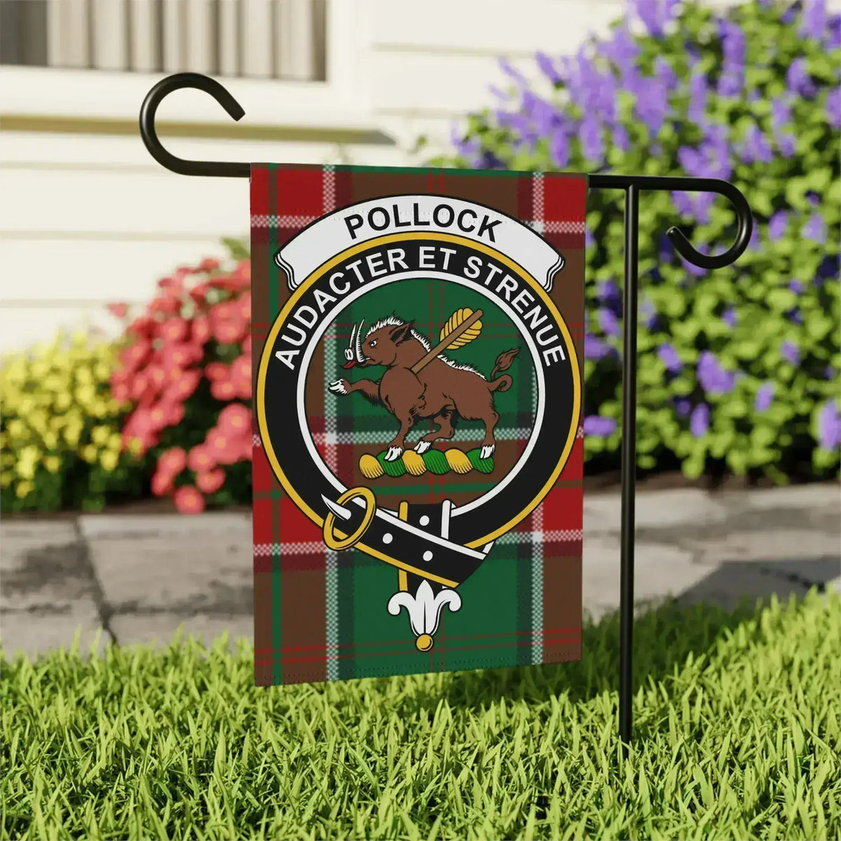 Pollock Audacter et Strenue clan crest outdoor flag — 24.5" x 32" Scottish tartan garden flag