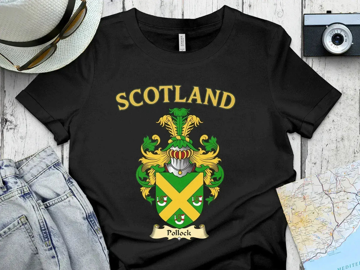 Pollock Scotland heraldic crest T-shirt in navy — family name on Scotland clan crest graphic