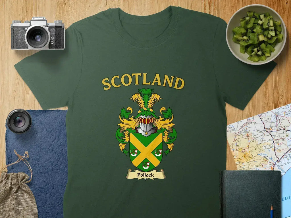Scotland Pollock crest graphic tee in black — heraldic design, unisex fit S-3XL