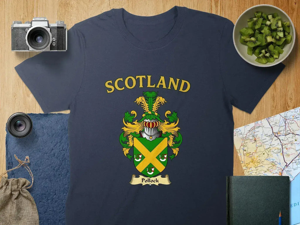 Scotland Pollock crest design T-shirt in forest green — heraldic crest, relaxed unisex cut