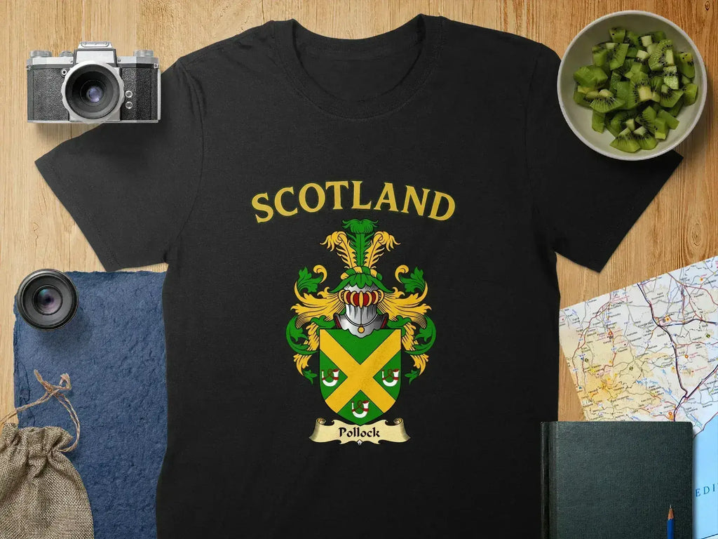 Scotland Pollock crest emblem graphic tee in navy — clan family name on national crest design