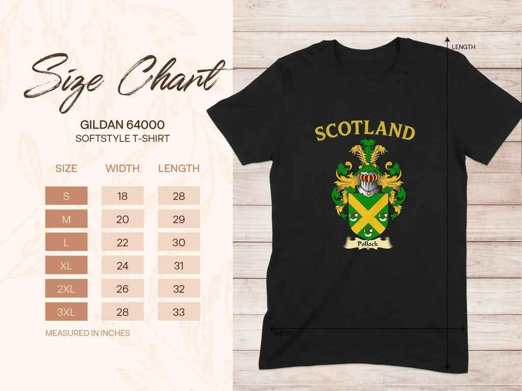 Pollock Scotland family crest black softstyle T-shirt — breathable cotton, S-3XL