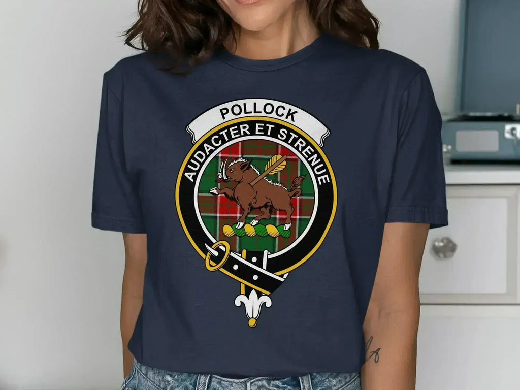 Pollock clan crest emblem tee in black — Audacter et Strenue boar design, unisex fit