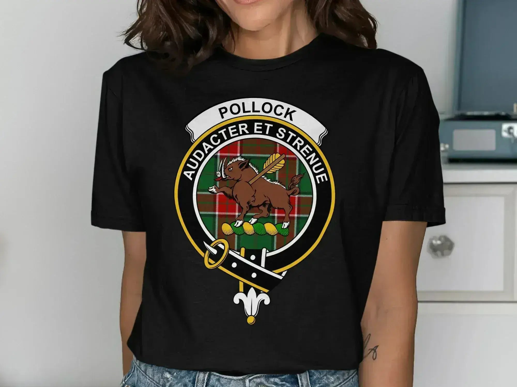 Pollock clan crest T-shirt in forest green — Audacter et Strenue printed on chest, S-3XL