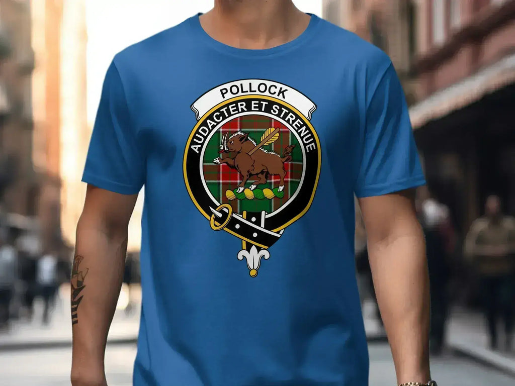 Clan Pollock blue crest tee — Audacter et Strenue motto, relaxed unisex cut
