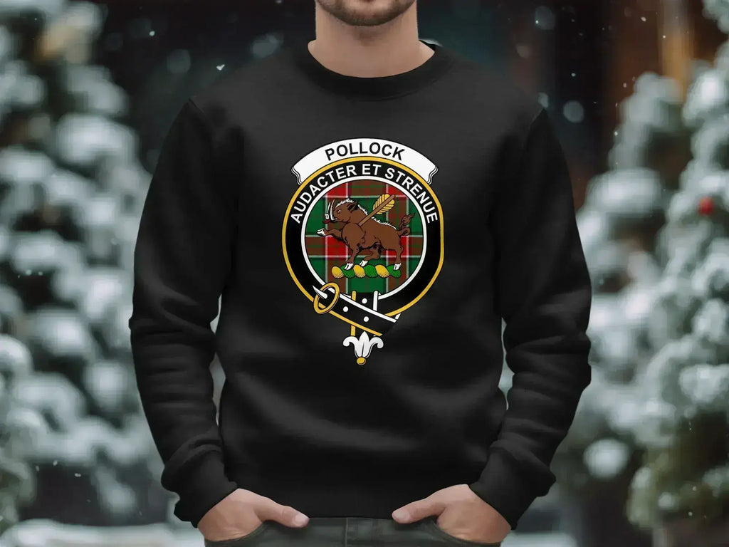Pollock crest emblem sweatshirt in black — Audacter et Strenue motto, ribbed cuffs, S-3XL