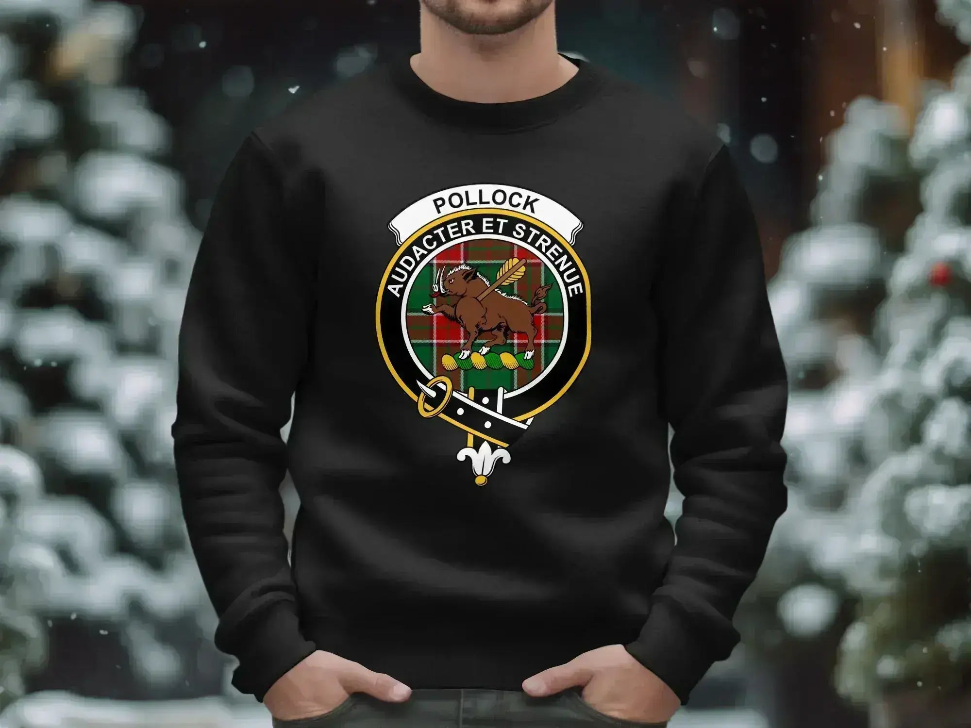 Pollock crest emblem sweatshirt in black — Audacter et Strenue motto, ribbed cuffs, S-3XL