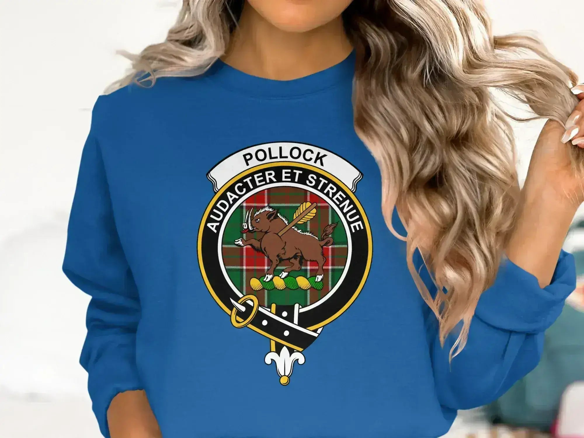 Clan Pollock Audacter et Strenue crest sweatshirt in royal blue — warm fleece interior