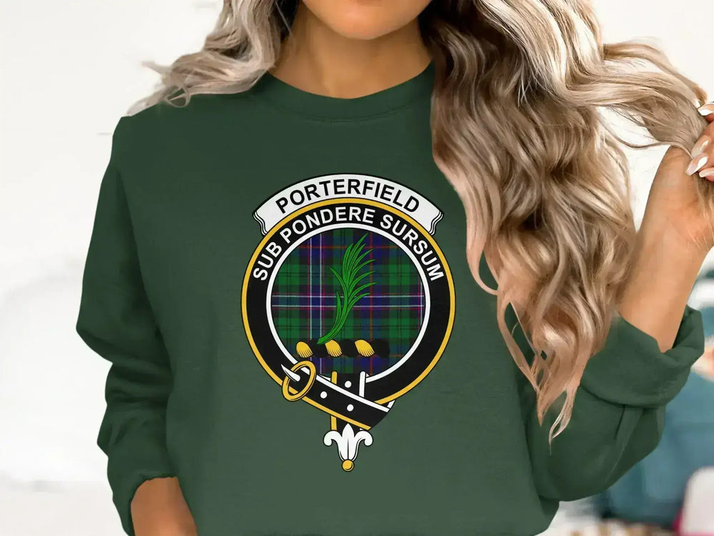 Porterfield clan crest sweatshirt with Sub Pondere Sursum motto and tartan design
