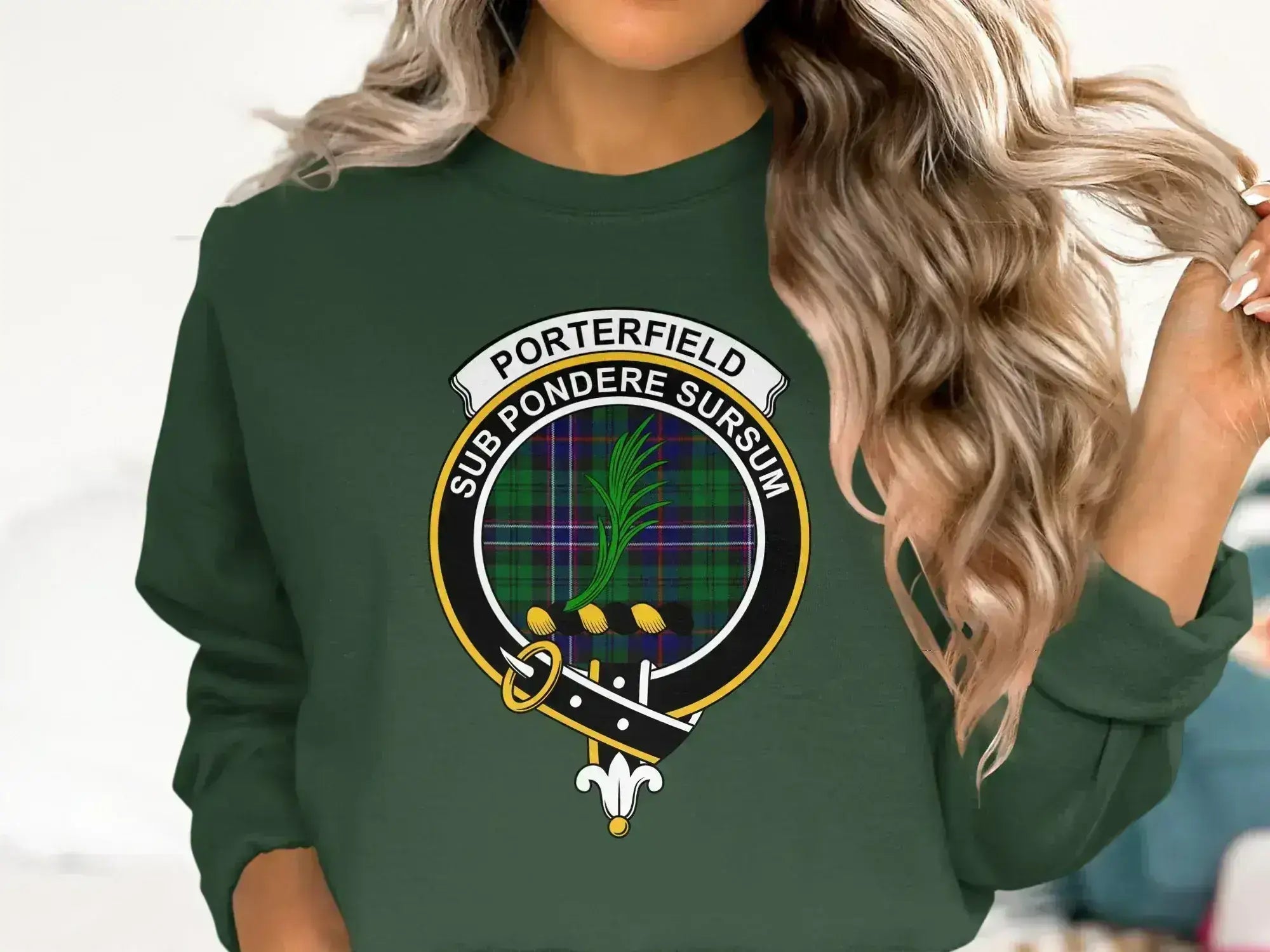 Porterfield clan crest sweatshirt with Sub Pondere Sursum motto and tartan design