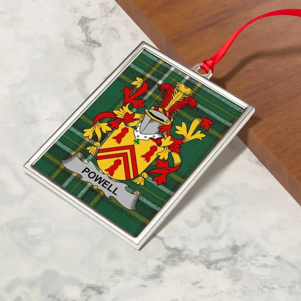 Powell Family Crest with Plaid Background Ornament product