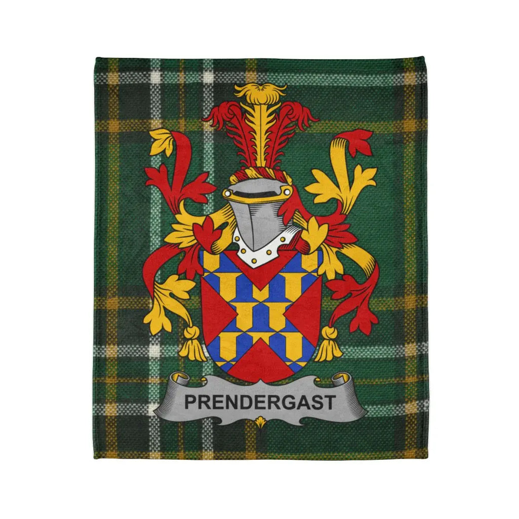 Prendergast Family Crest on Green Tartan Pattern Blanket