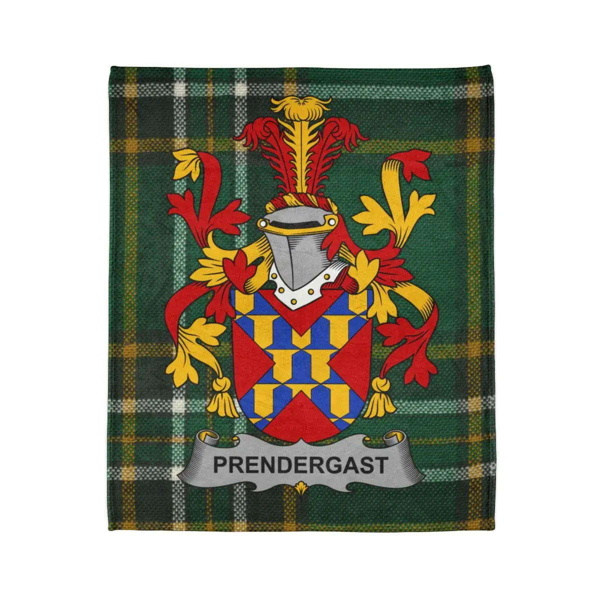 Prendergast Family Crest on Green Tartan Pattern Blanket