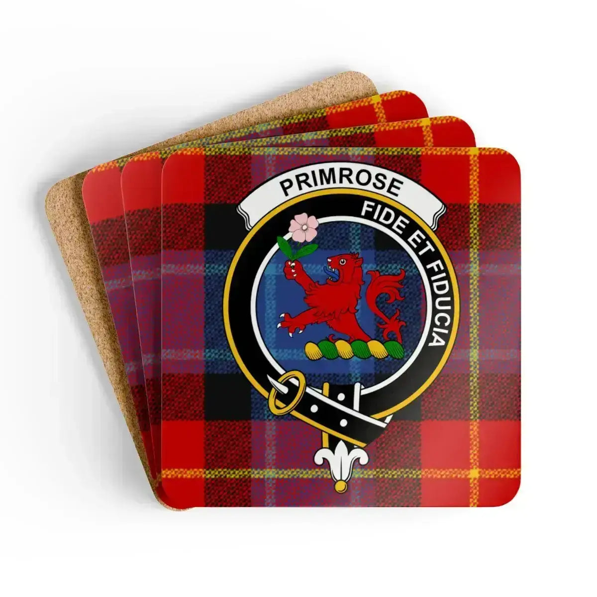 Clan Primrose crest tartan coaster set — glossy print on natural cork, 3.75 inch square