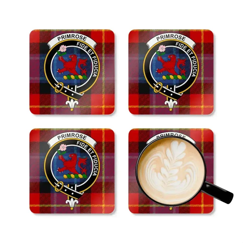 Primrose fide et fiducia clan crest coasters — red tartan design, full set view