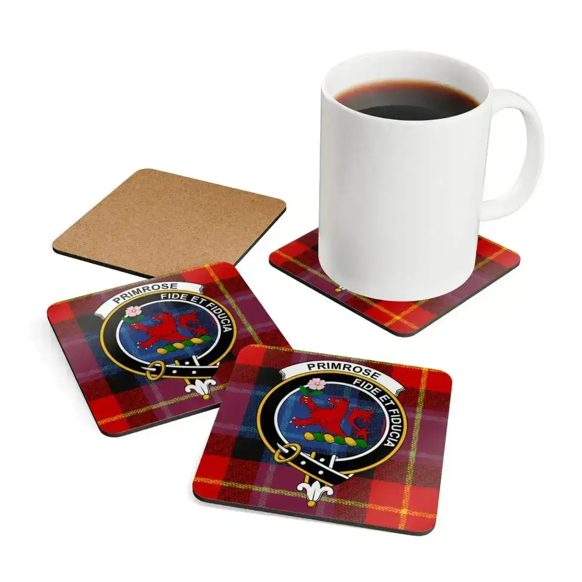 Clan Primrose tartan coaster close-up — vibrant red lion crest print on cork base