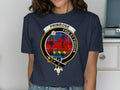 Primrose tartan tee in navy — fide et fiducia crest on soft cotton