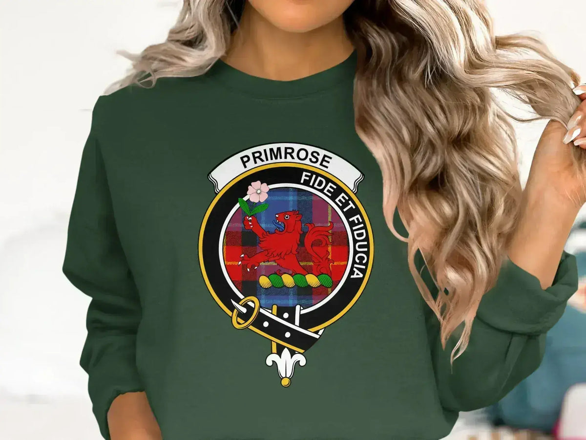 Clan Primrose crewneck sweatshirt in forest green — red lion crest, fleece interior
