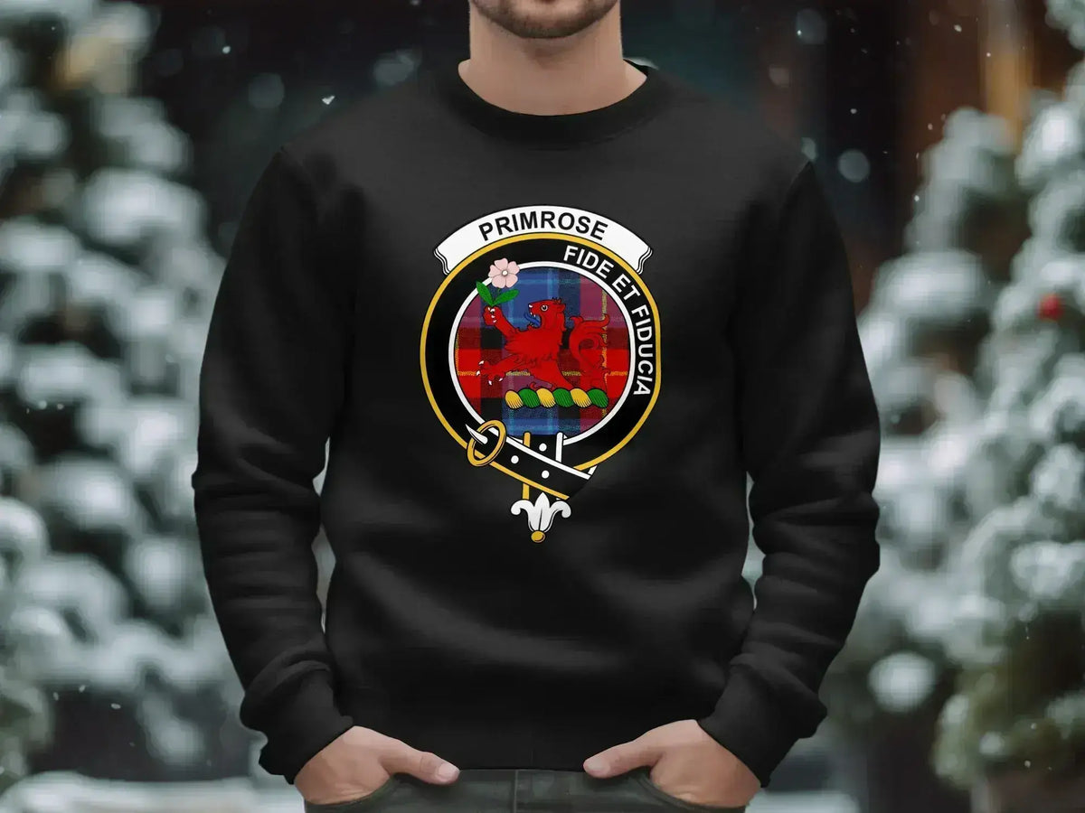 Primrose crest sweatshirt in black — fide et fiducia emblem, ribbed cuffs